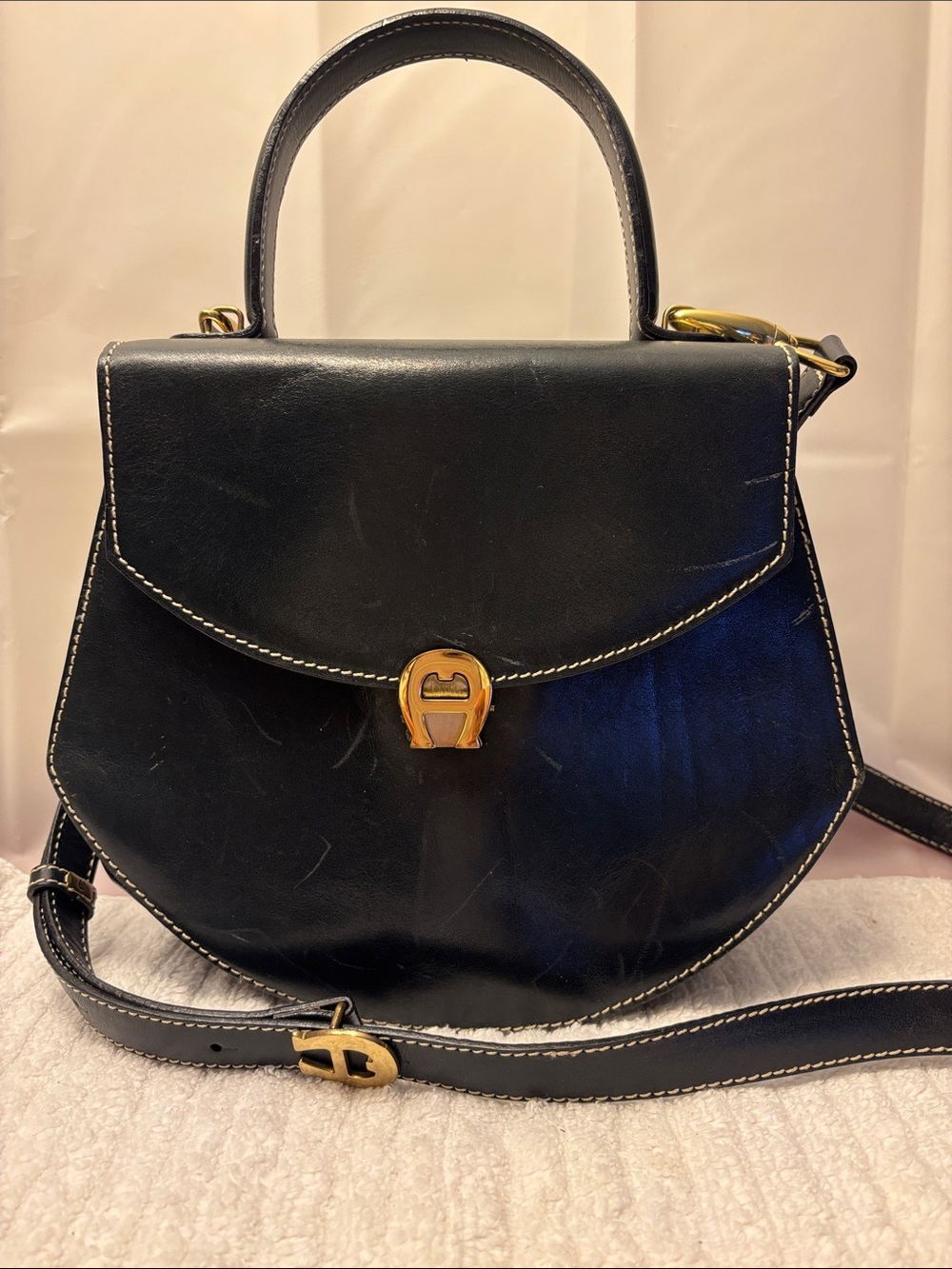 Etienne Aigner black  Leather Top-Handle Crossbody Bag with Gold Hardware